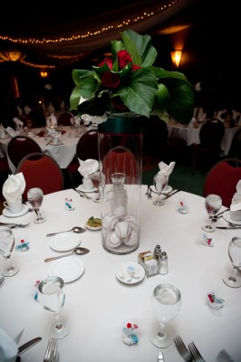 Tall arrangement - baseballs, roses and hydrangea