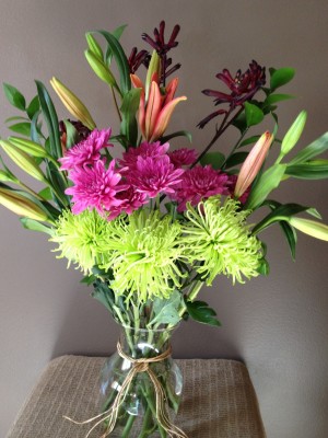 Green spider mums, lilies