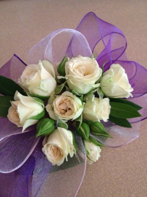 White spray roses, purple ribbon