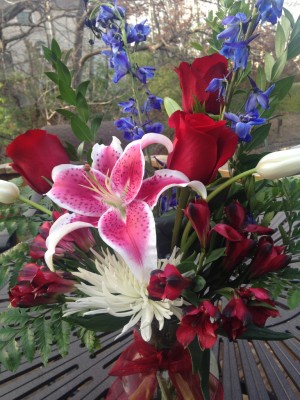 Reds and Whites - roses, lilies, alstromeria, spider mums