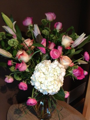 Hydrangea, Ranunculus, Roses, Lilies ($120)