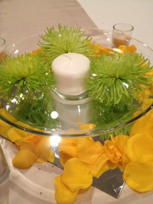 Spider Mums, rose petals - low table arrangement