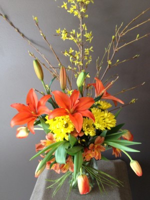 Sympathy arrangement - Lilies, Forsythia and Tulips ($60)