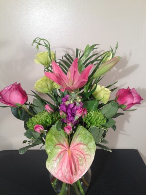 Roses, spider mums, lilies, anthurium, stock, lisianthus