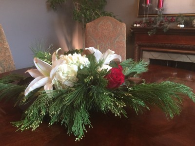 Winter centerpiece - white lily, hydrangea and red rose ($55)