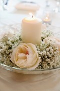 Low centerpiece - baby's breath, rose and pillar candle