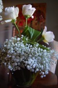 Baby's breath, rose and Ti leave centerpiece
