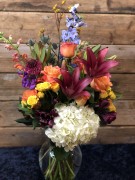 Hydrangea, rose, lily, scabiosa, snapdragon, delphinium ($100)