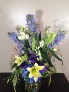 White/purple lily/delphinium