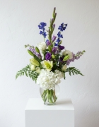 White, blue, purple hydrangea, rose, lily, delphinium