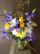 Iris, Mums, Lilies, Roses - Sympathy Arrangement ($60)