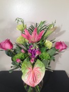 Roses, spider mums, lilies, anthurium, stock, lisianthus