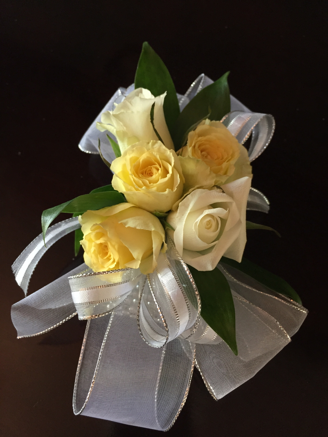 White and yellow corsage for prom Boutonnieres and Corsages