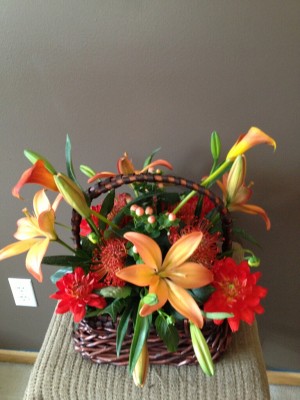 Holiday Basket - lily, dahlia, pincushion