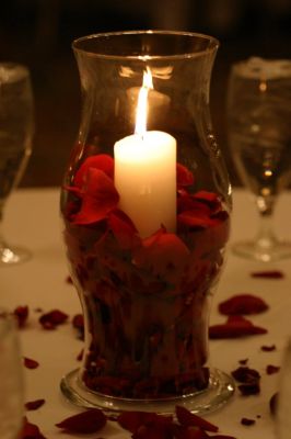 Hurricane Centerpiece with pillar candle and rose petals